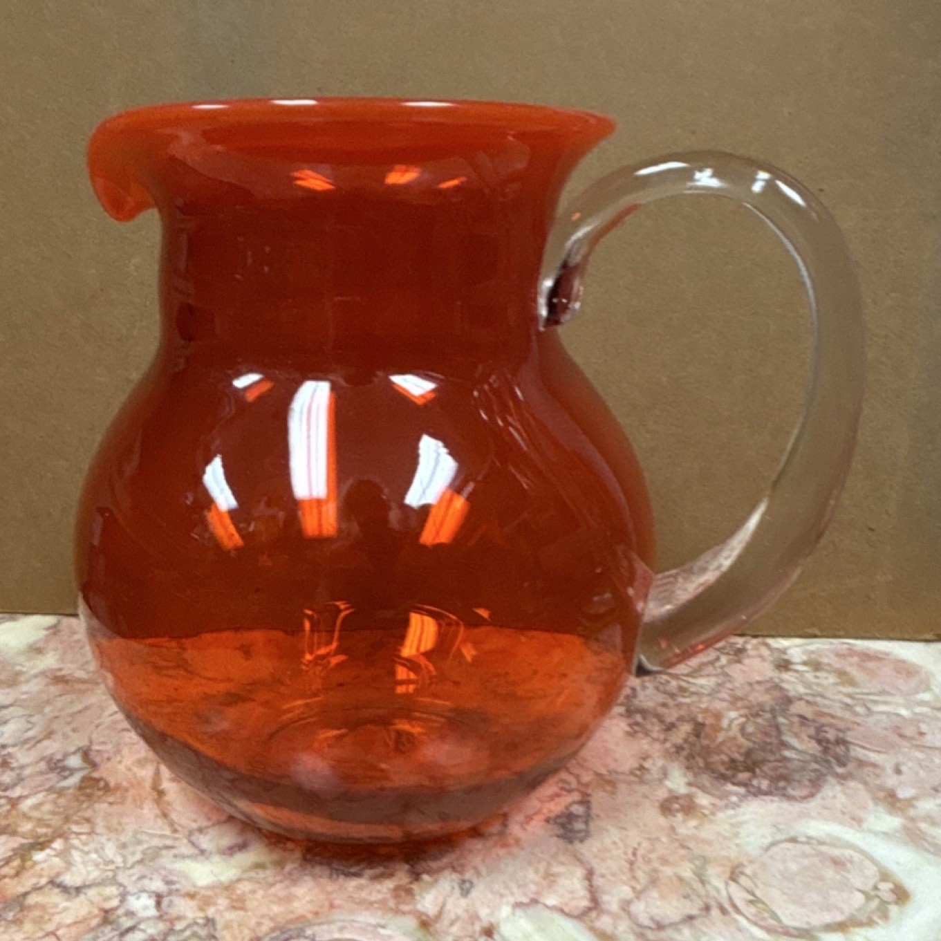 Vintage Amberina Tangerine Blown Glass Pitcher with Clear Handle, 8\