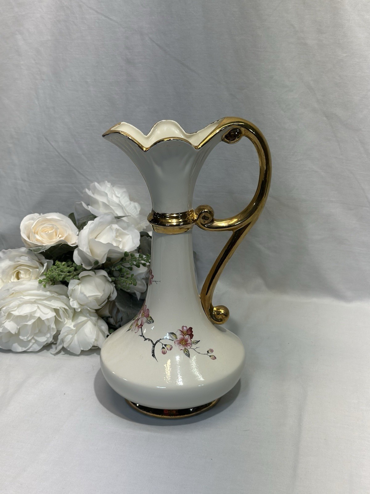 Beautiful Vintage Floral Ewer/ Pitcher Vase With Gold Trim 12” X 5.75”