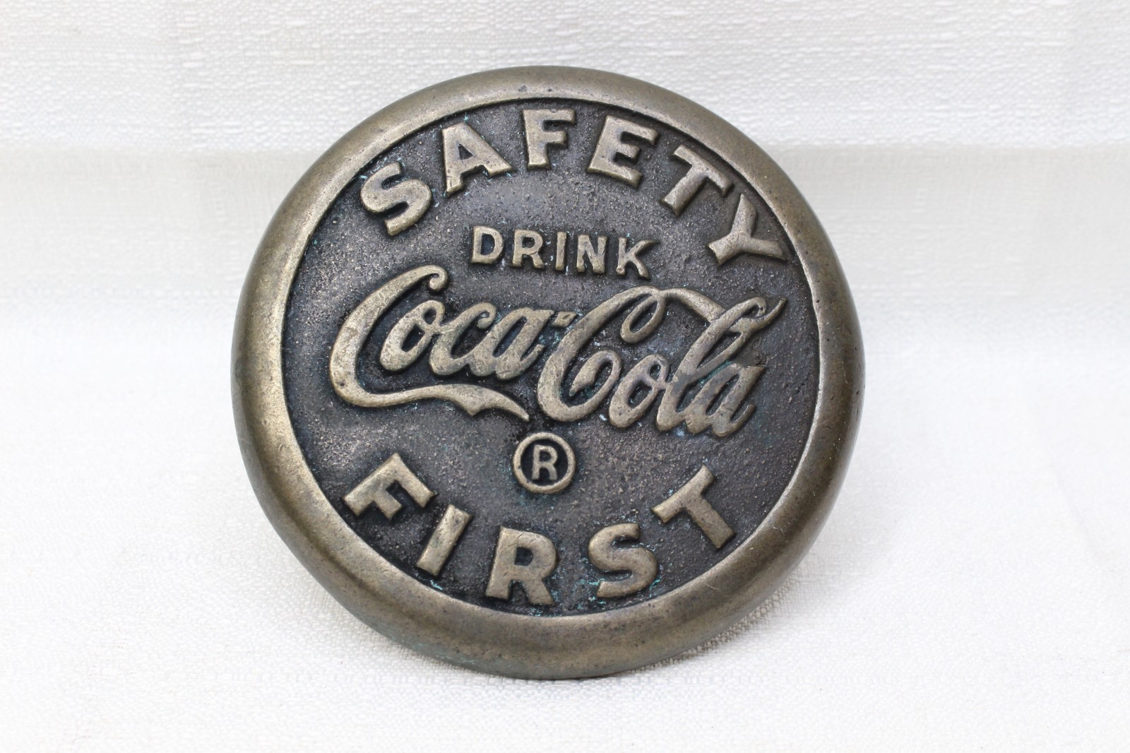 VINTAGE BRASS COCA COLA SIDEWALK MARKER SAFETY FIRST SCHOOL CROSSING MEDALLION VINTAGE BRASS COCA COLA SIDEWALK MARKER SAFETY FIRST SCHOOL CROSSING MEDALLION