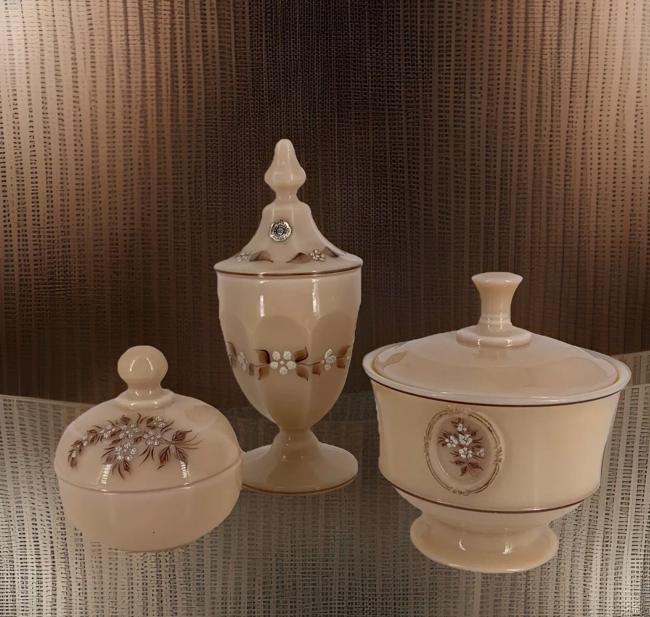 Vintage Vanity Set, Westmoreland hand painted signed, Hollywood Regency glam