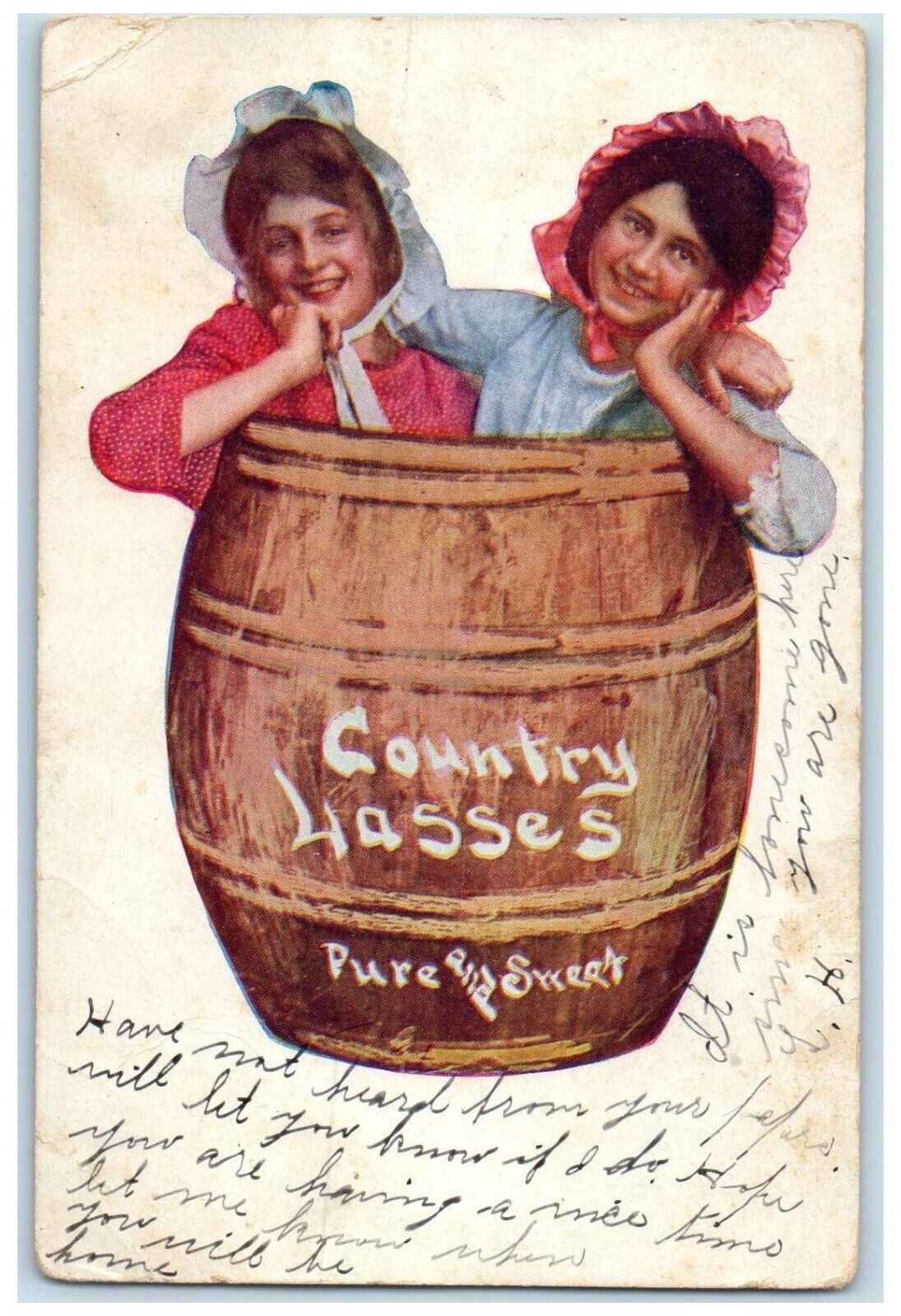 1907 Girls In Barrel County Hasses Pure & Sweet Amboy Illinois IL Postcard