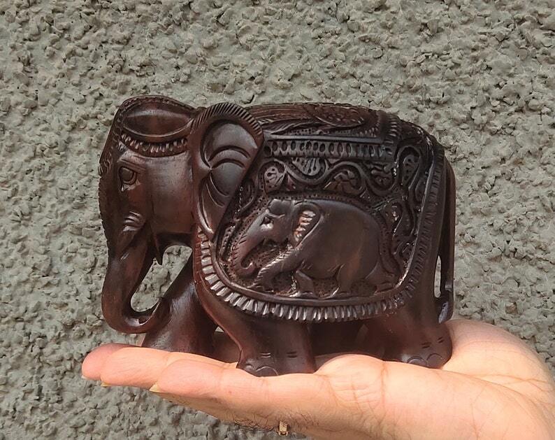 Red Sandalwood carved elephant figure statue vintage indian handmade natural