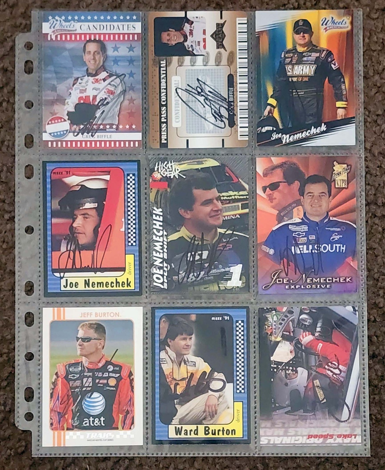 SET OF 9 SIGNED NASCAR CARDS - GREG BIFFLE, BURTON, NEMECHEK + MORE #119VG