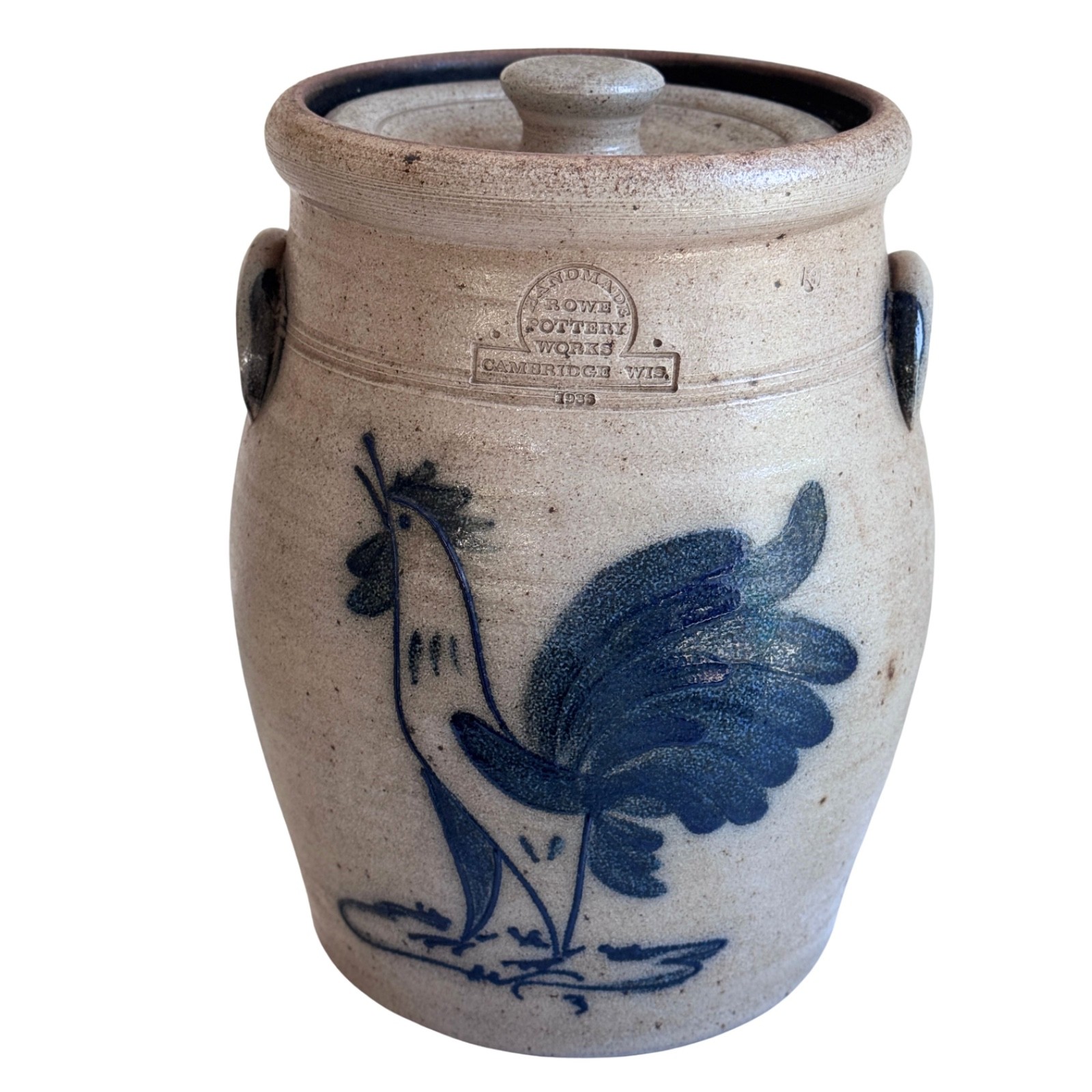 Vintage 1986 Rowe Pottery Works Rooster Stoneware Crock w/Lid Salt Glaze 11\