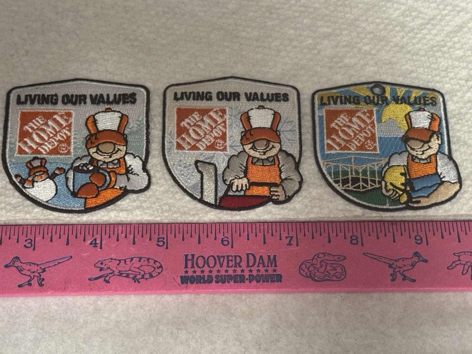 LOT OF 3 HOME DEPOT LIVING OUR VALUES IRON ON PATCHES SNOWMAN SNOW BLOW BUILDING
