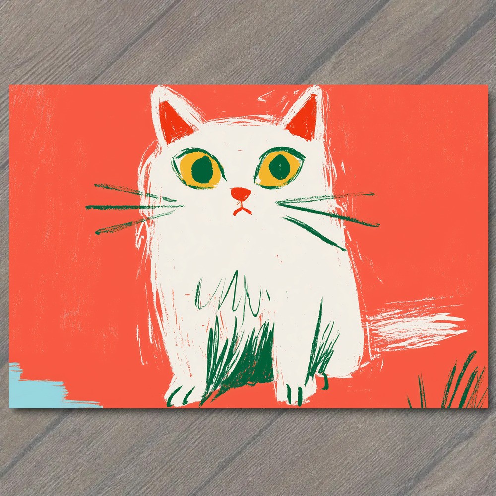POSTCARD Cat Wide Eyes Whiskers Sitting White Furry Kitty Bold Orange