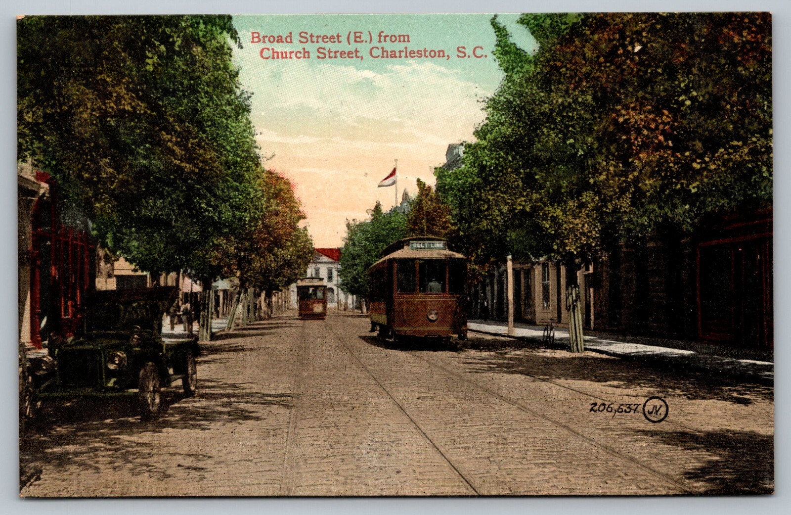 Postcard Broad Street East From Church Street Charleston Street Car Trolley SC