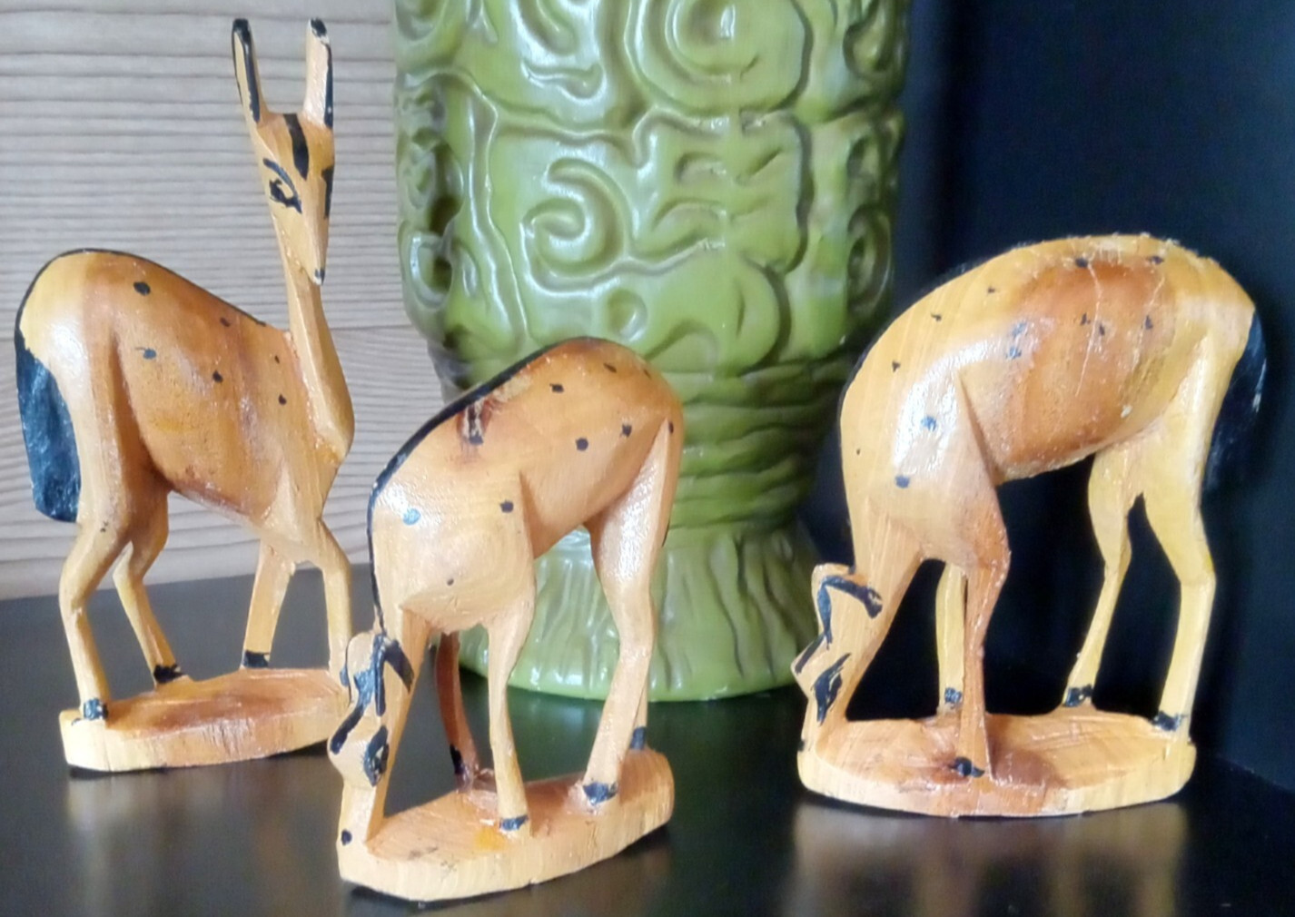 Set of 3 Vintage African Carved Wooden Spotted Deer Antelope Safari Figurines