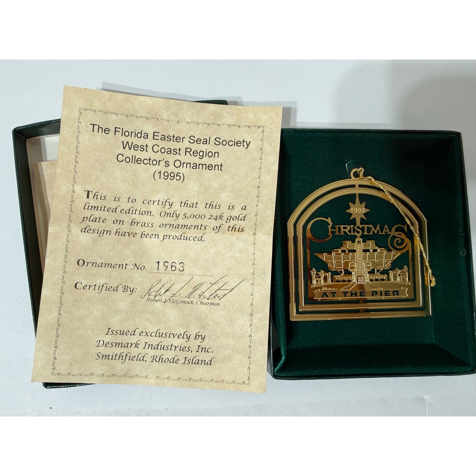 1995 Florida Easter Seal Society 24k Gold Plate St Petersburg Pier Ornament 1963