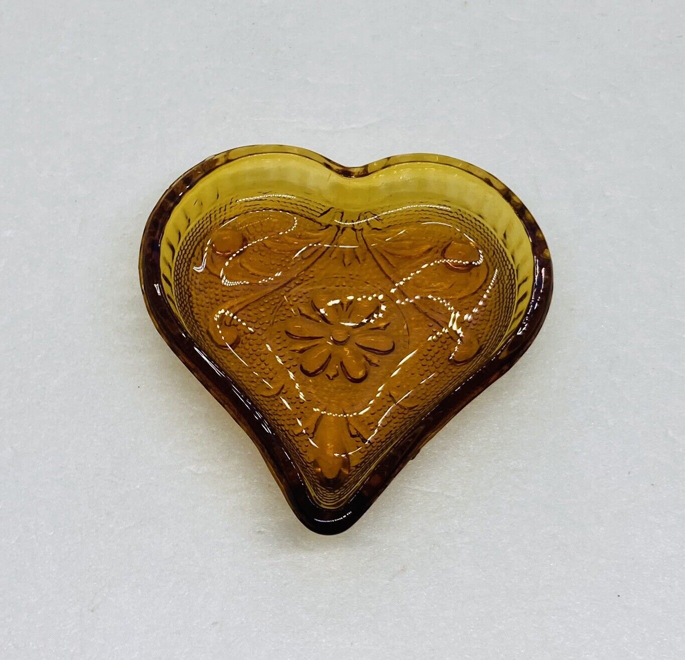 Vintage Indiana Glass Amber Trinket Dish Tray Floral Heart Shaped Art Decor 1