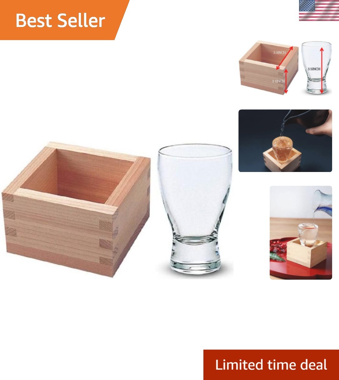 Happy Japanese Masu and Glass Sake Set - Wooden Square Cups and Cold Glass fo...
