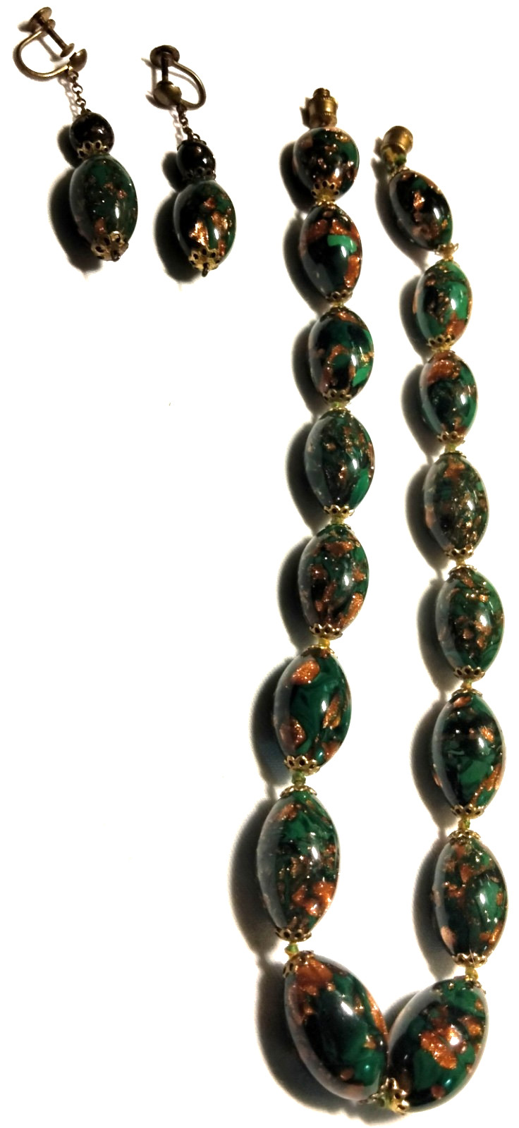 Vintage Venetian Fancy Sommerso Oval Dark Green Glass Beads Demi Parure
