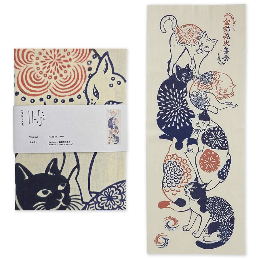 Japanese Cotton Tenugui Tapestry Hand Towel Bento Cloth Cats Fireworks 35