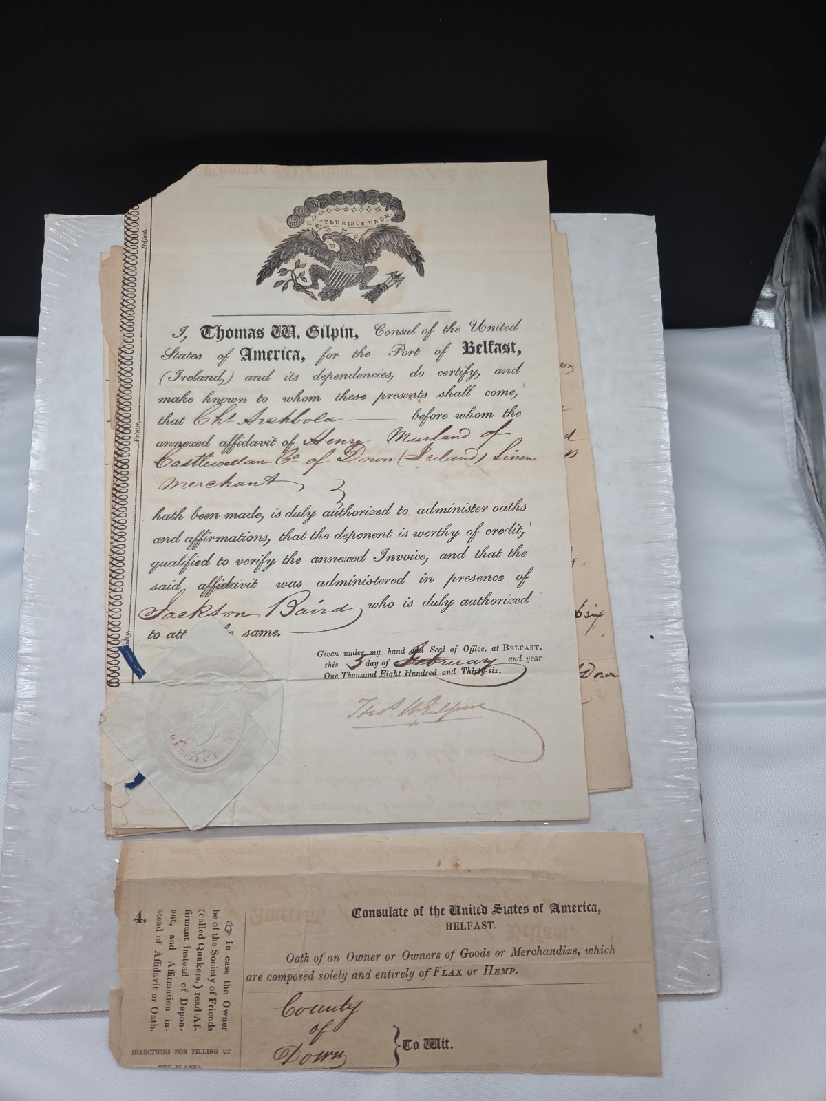 Thomas Gilpin U.S Consul Belfast Ireland Signed Sealed Linen Shipment 1836 USA 