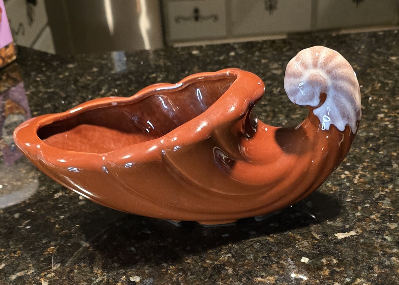 Vintage Brown Drip Glaze Planter Succulents Medium Cornucopia Shape White Tan