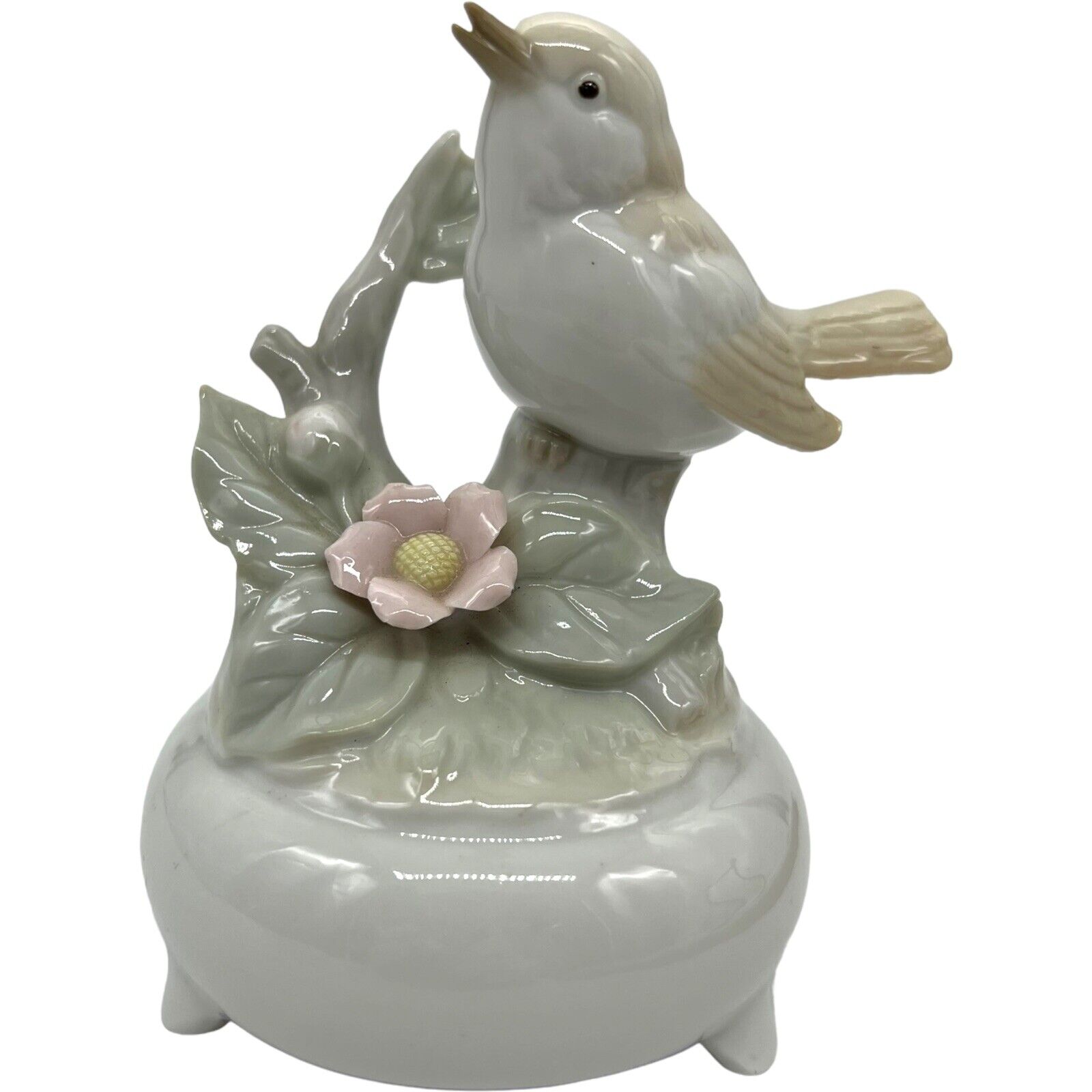 White Robin Bird Flowers Music Box “Memories” Japan Porcelain Vintage WORKS