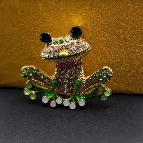 Adorable Brooch Pin Unbranded Frog Rhinestones Goldtone Green White Pink...