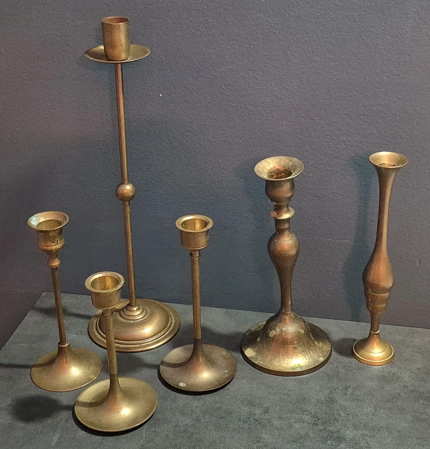 Lot of 6 Brass Candle Holders Set of Mixed Sizes, Shapes & Bases 5\