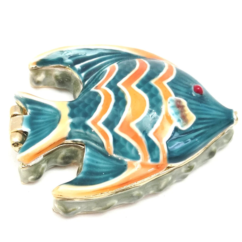 Vintage Monet Tropical Fish Trinket Box Enamel Gold Tone Keepsake Coastal Decor