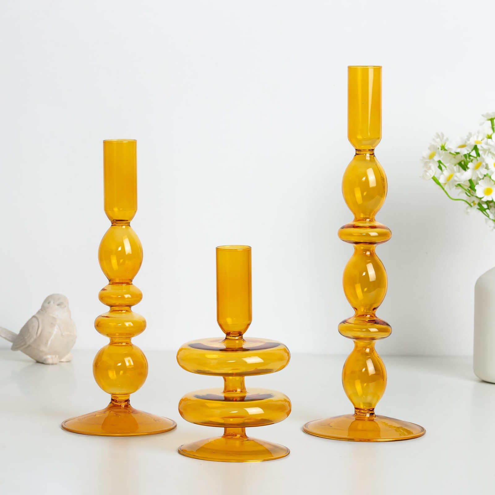 Hewory Glass Holders Light Amber Glass Taper Candle Holders Set 3 Vintage