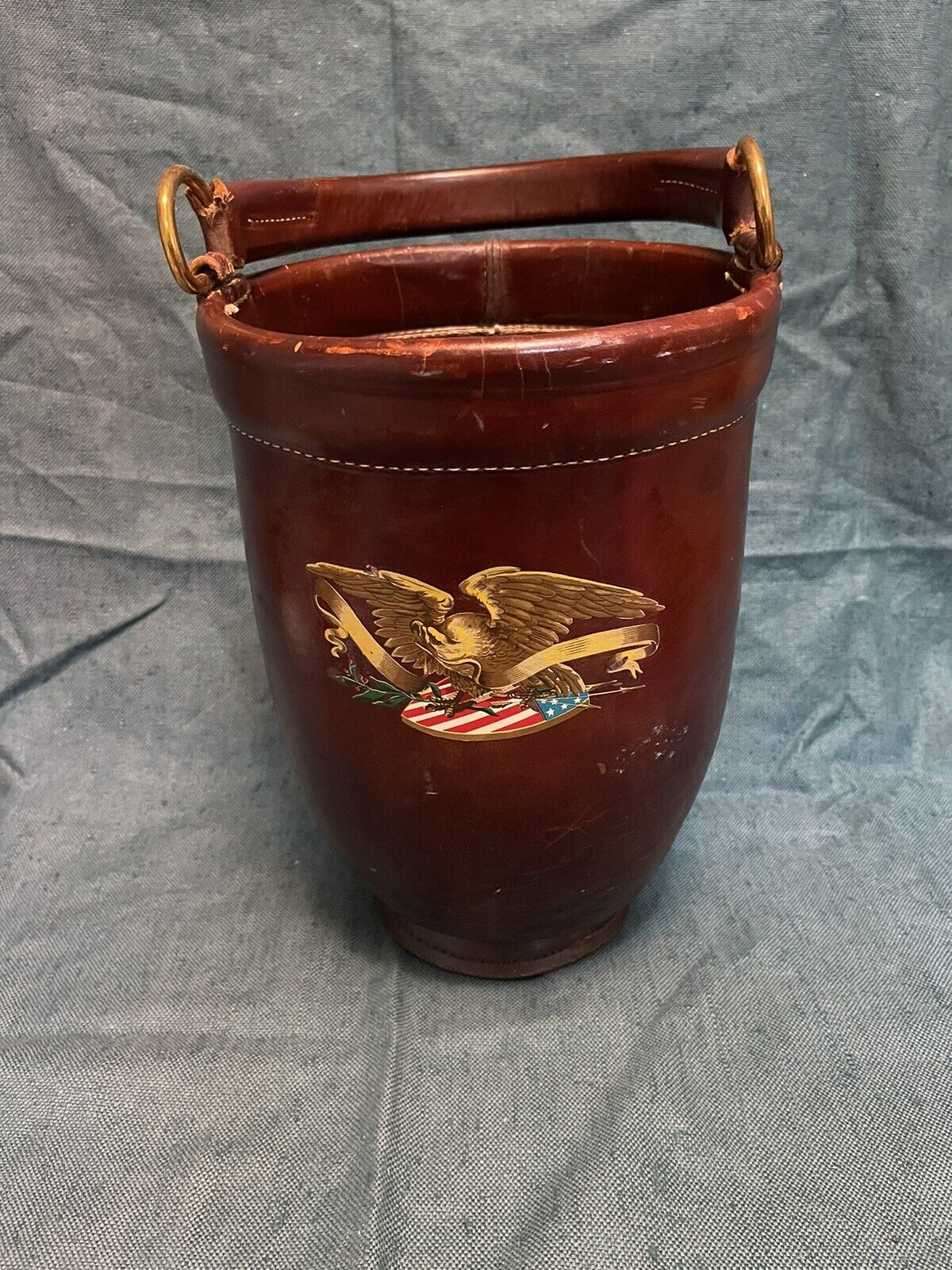 Vintage Cairns & Brother, Inc. Leather Reproduction Fire Bucket/ Ice Bucket.