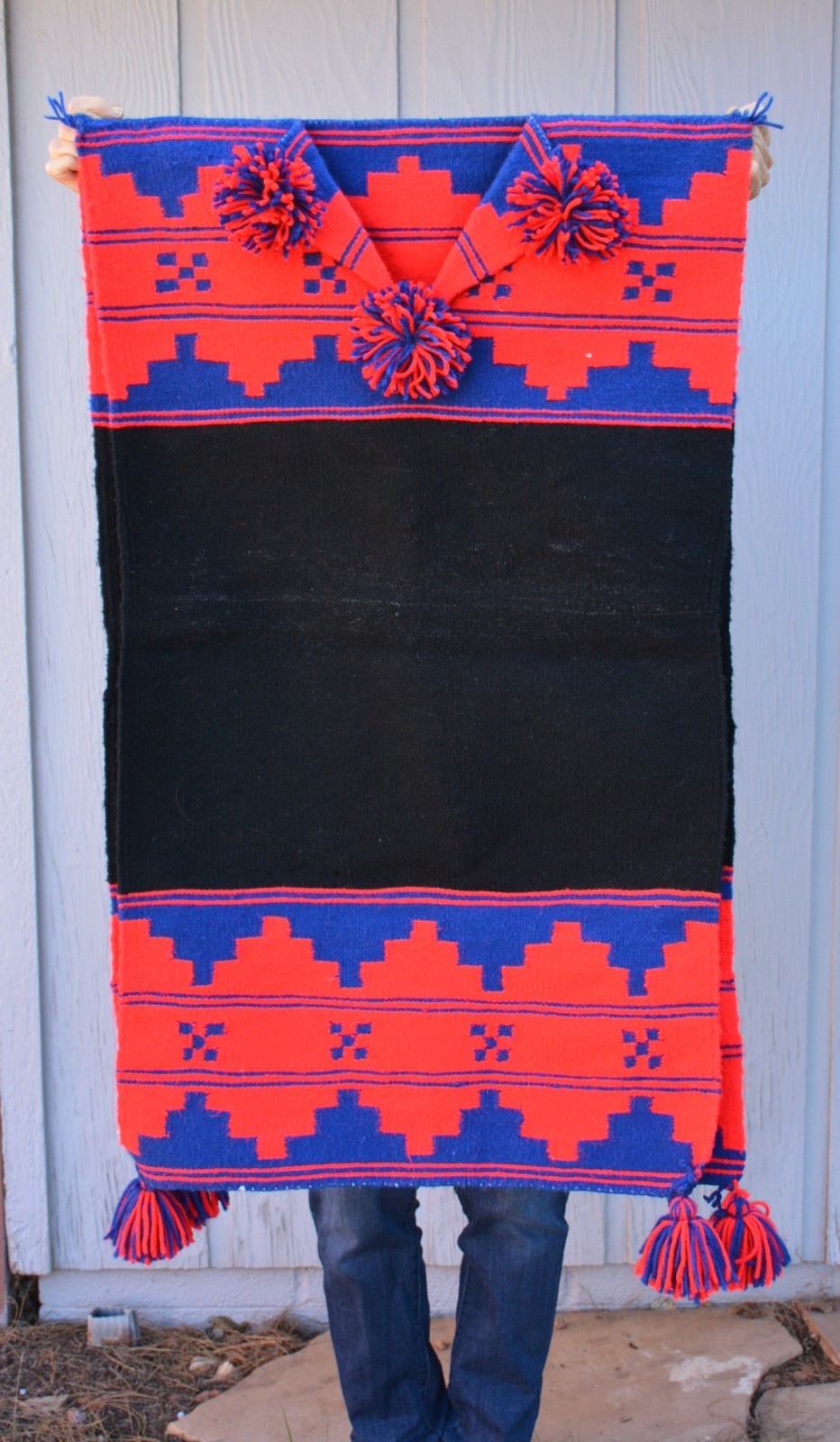 Traditional Handwoven Navajo Wool Rug Dress - Biil - Blue Red Black - Tassles