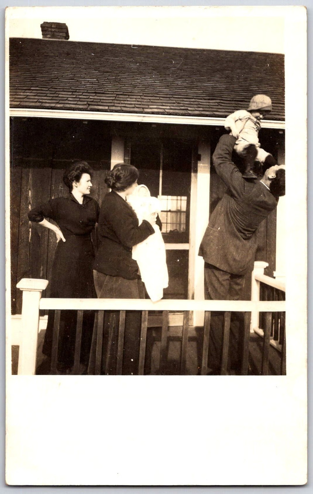 RPPC Postcard FAMILY on Porch (from Arlington Wa Estate) Cedar Shingle Roof
