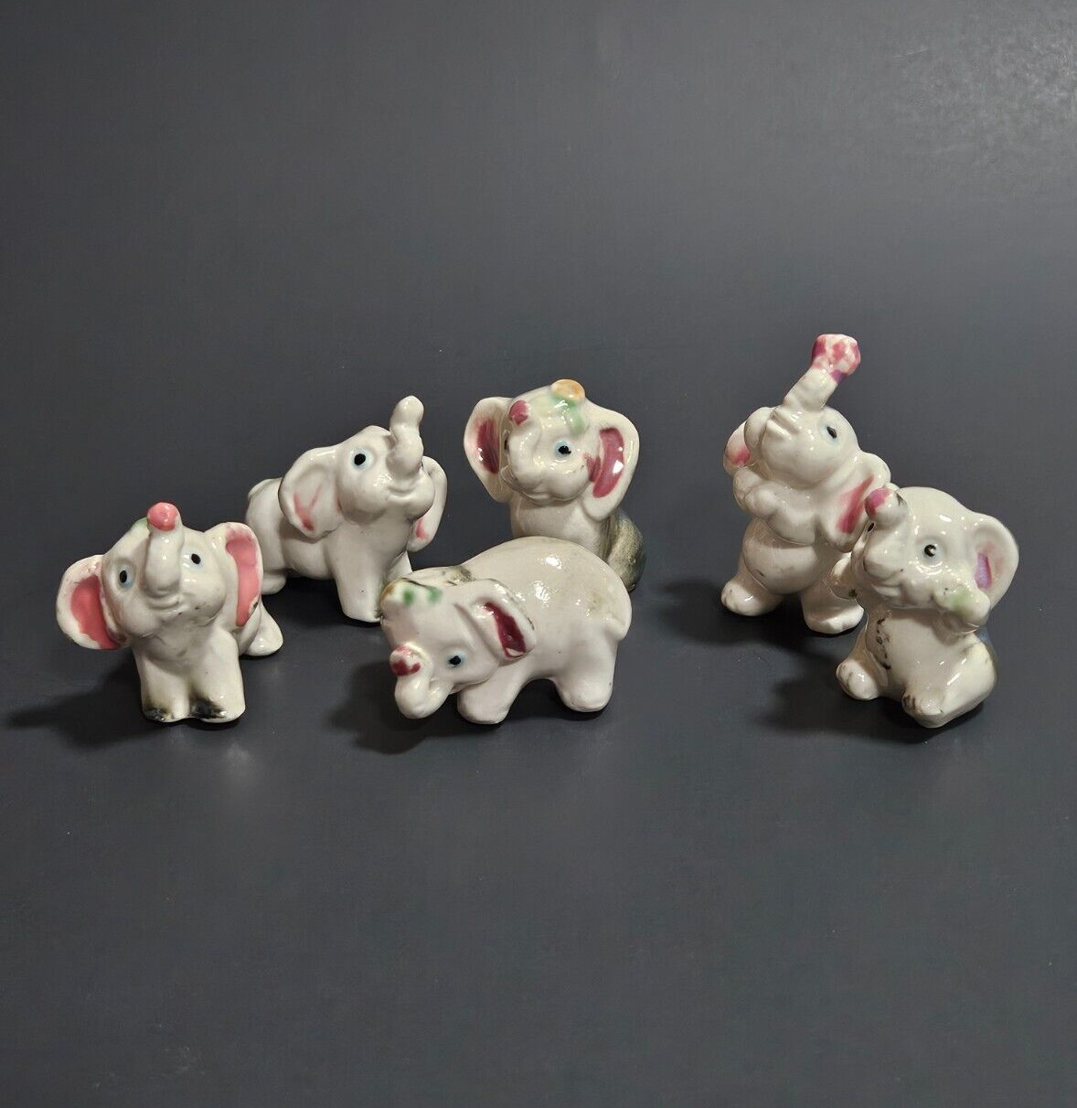 Vintage 6 Miniature Fine Bone China Baby Elephant Figurines Trunks Up