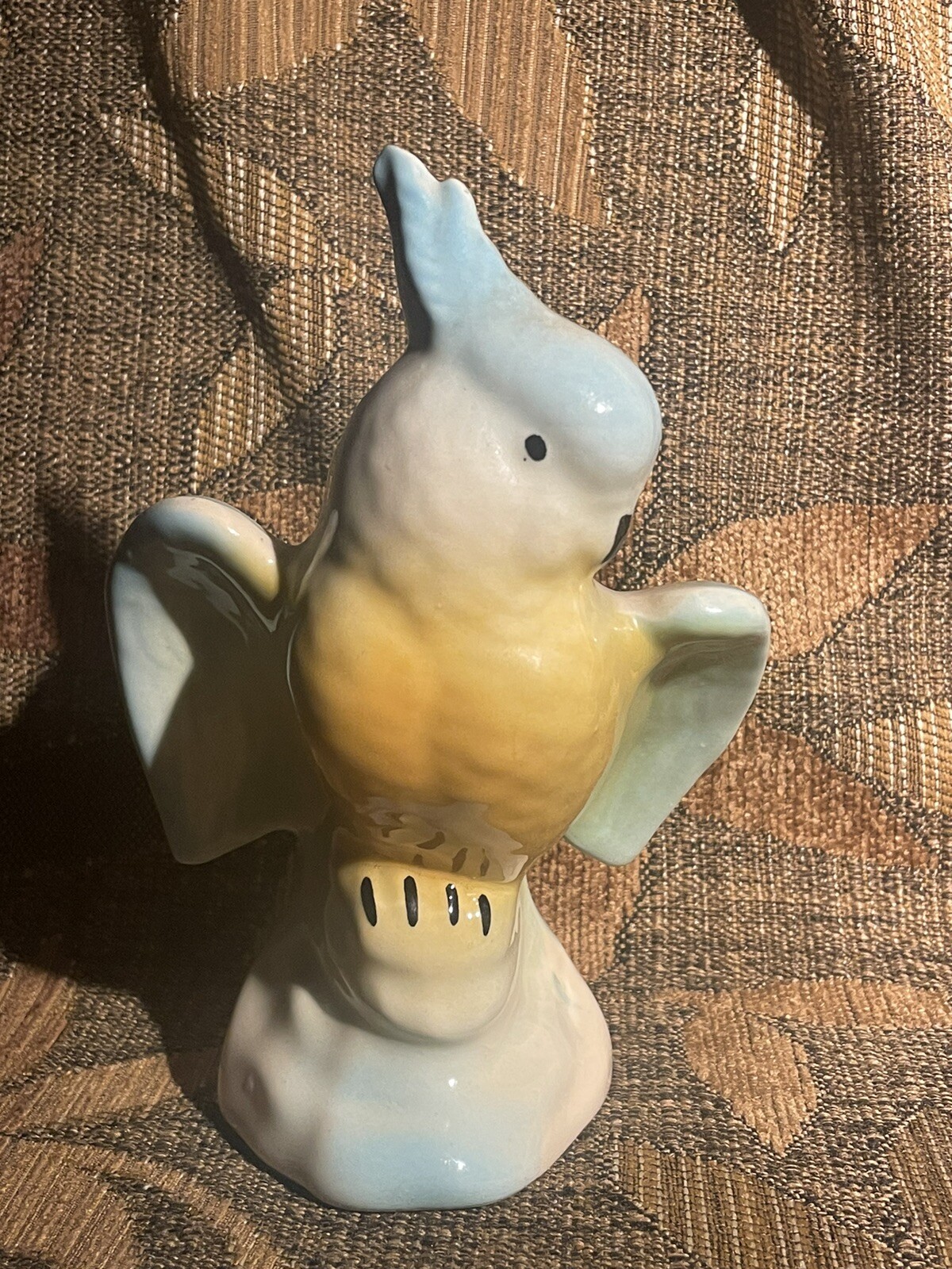 Cute Vintage Royal Copley Cockatiel Figurine 7 in tall, blue & yellow