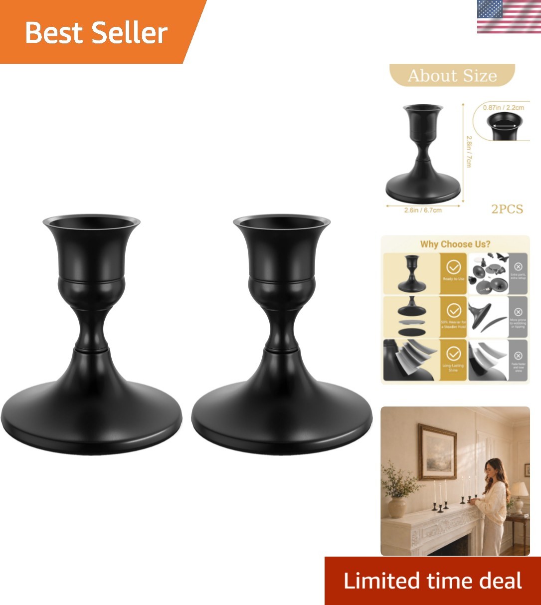 Elegant Black Taper Candle Holders for Home Decor, Set of 2 Elegant Black Taper Candle Holders for Home Decor, Set of 2