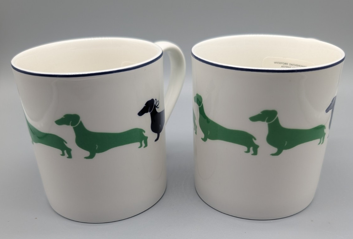 2 Kate Spade Lenox Wickford Dachshund  Coffee Cup Porcelain Blue Green