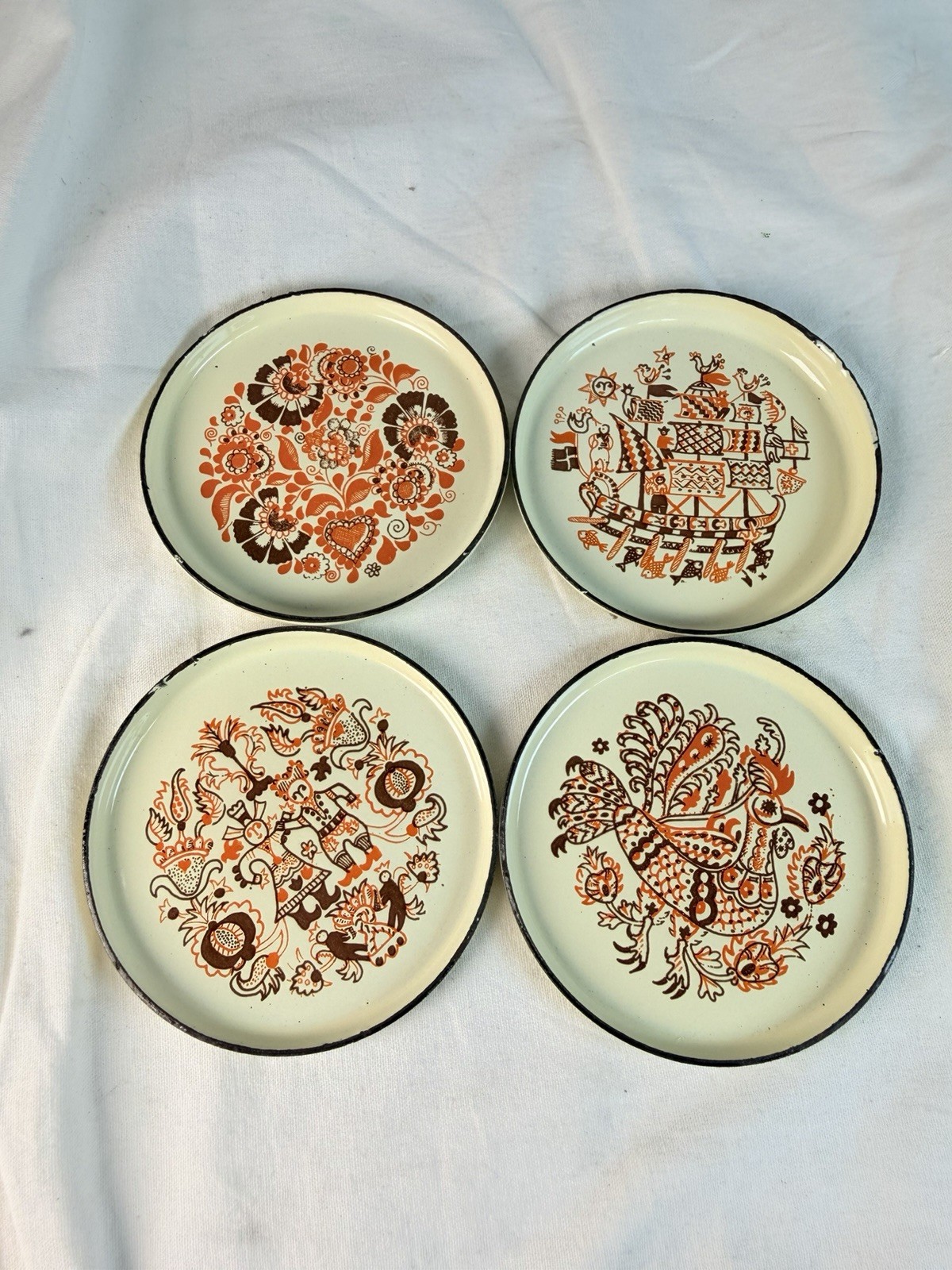 Vintage Moissiadis Greek Enamel Art Set 4 Folk Art Coasters Plates Hand Drawn