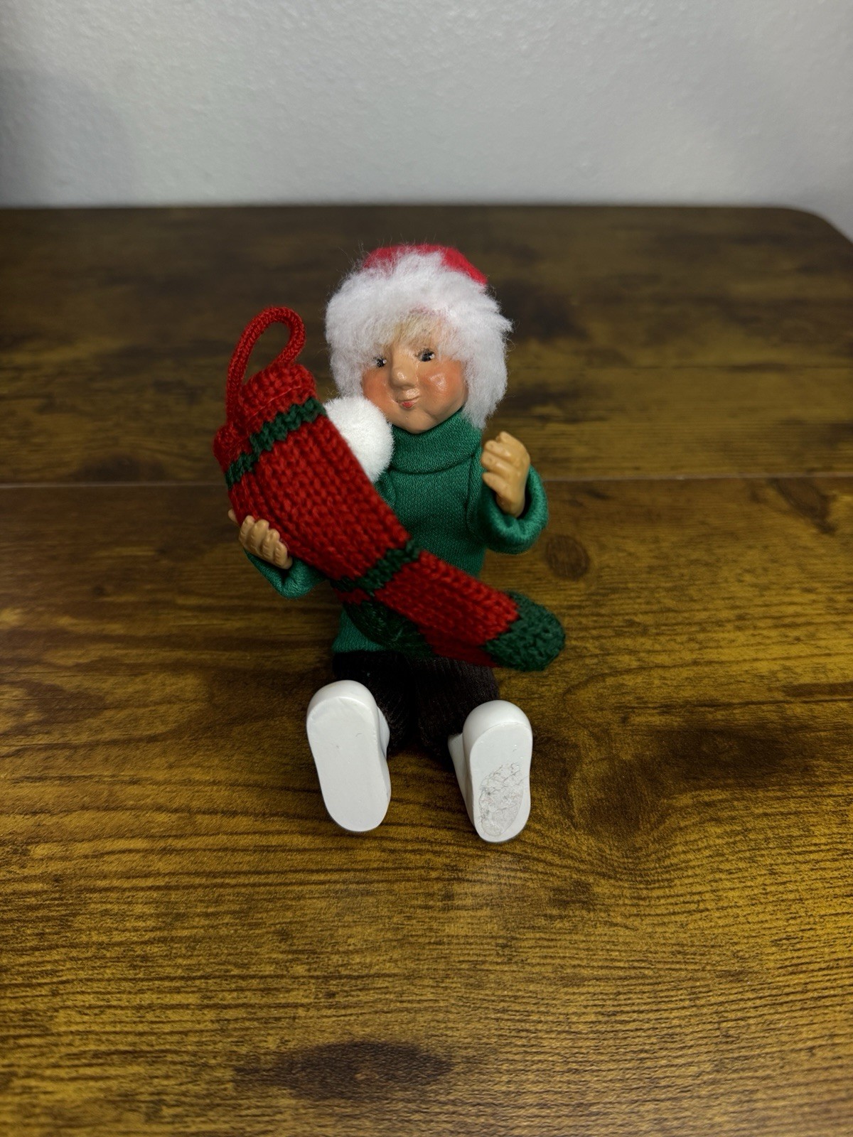 Vintage Byers Choice 1992 Small Boy with Green Sweater Holding Knit Stocking