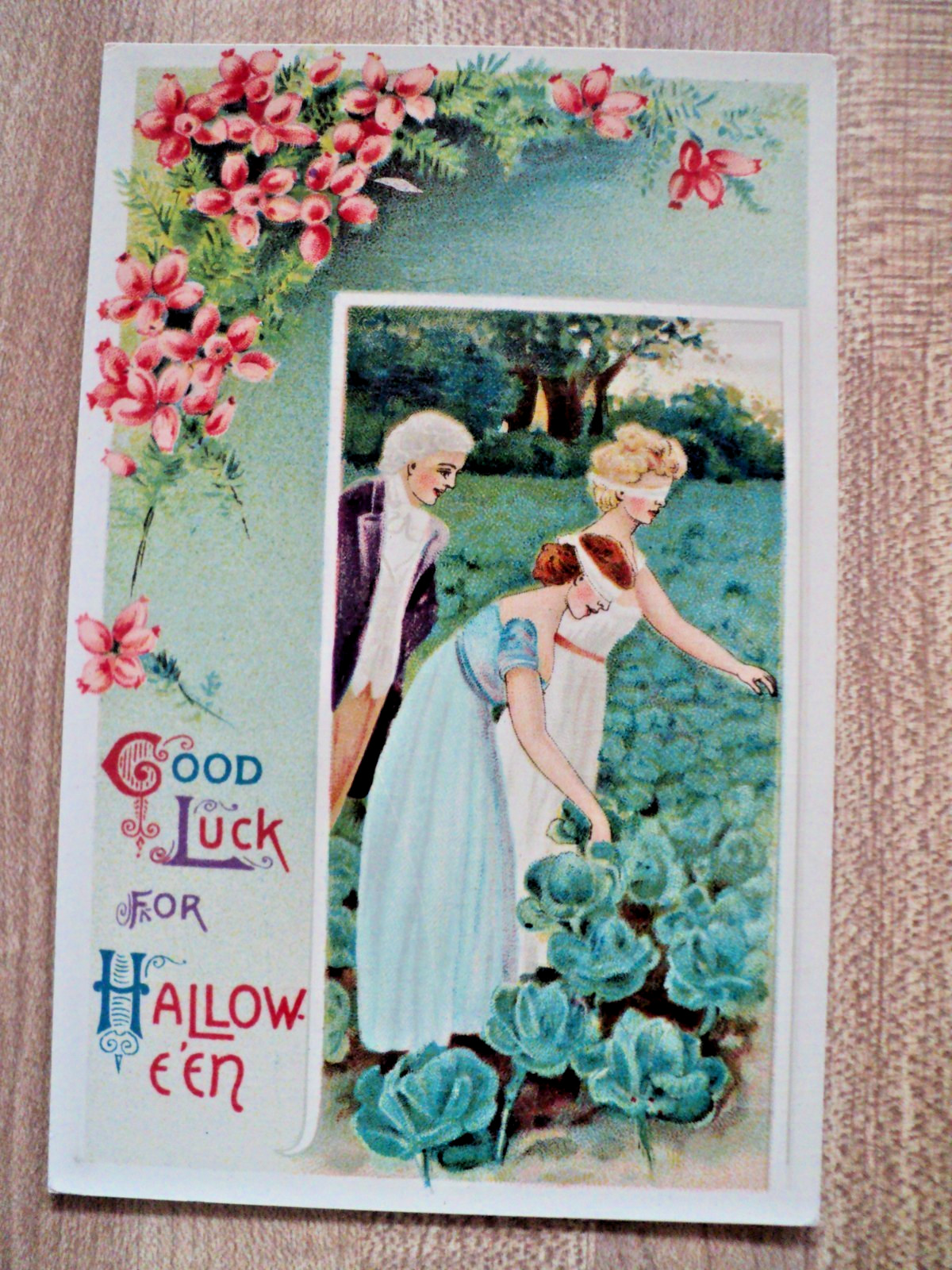 HALLOWEEN Blindfolded Ladies pick Cabbage vintage Gottschalk #2471 Postcard