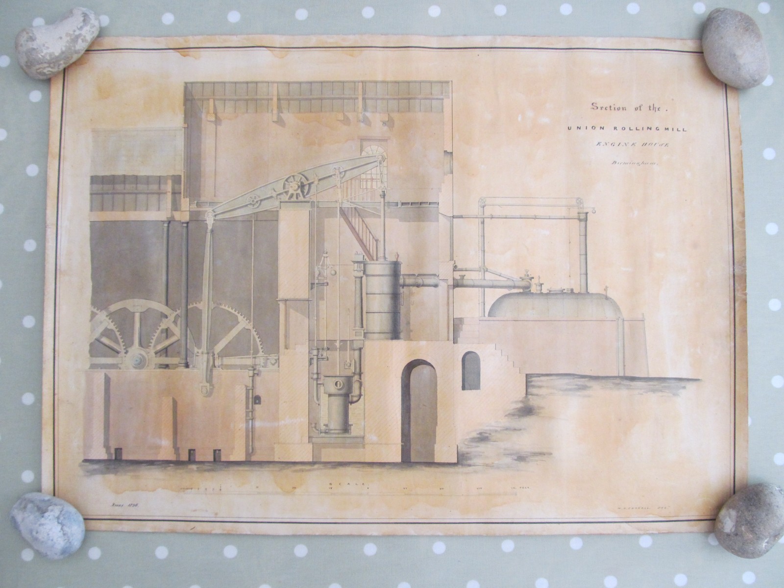ORIGINAL ANTIQUE ENGINEERING DRAWING OF AN ENGINE HOUSE BIRMINGHAM 1836