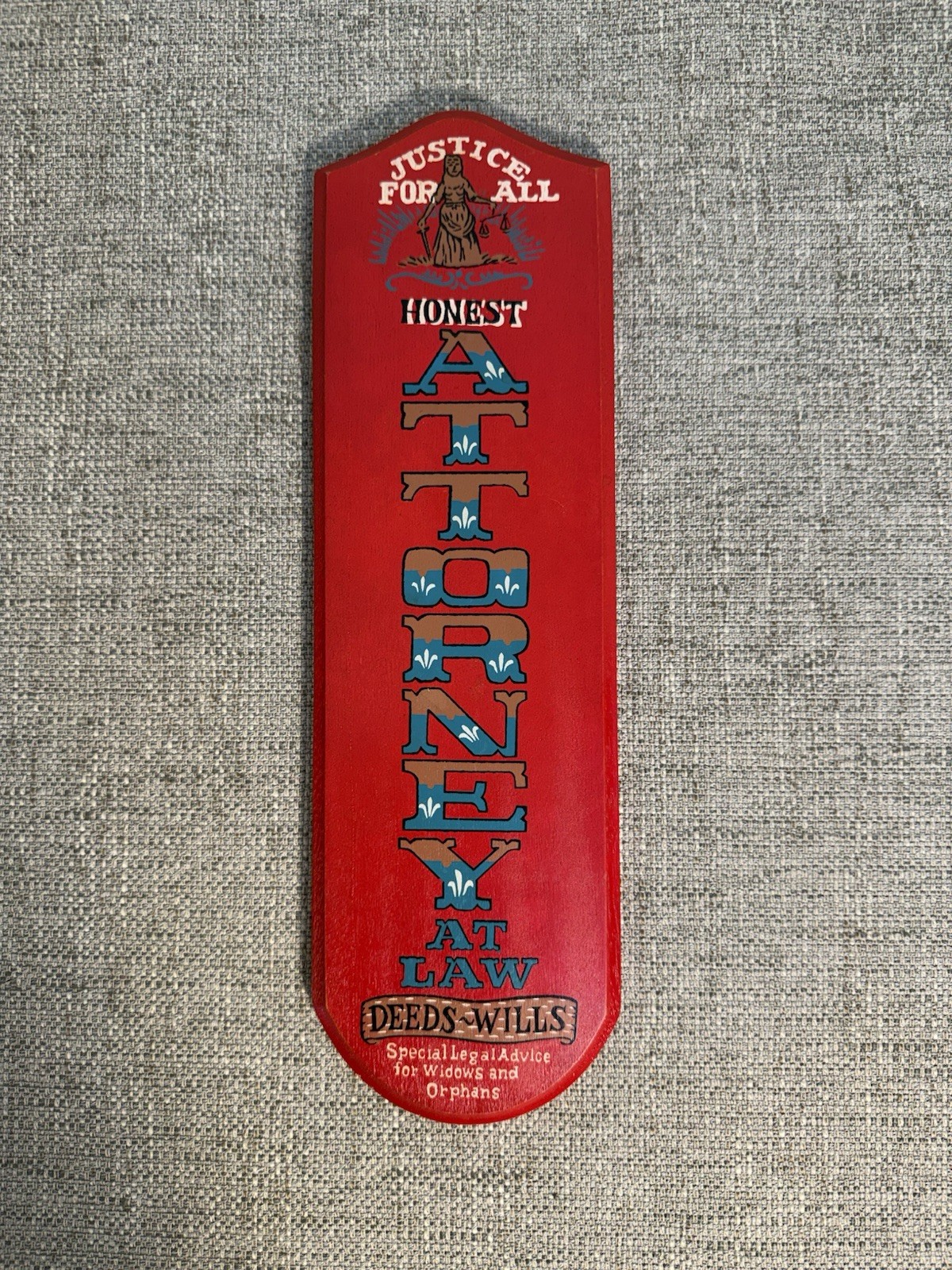Vintage Retro Wood ATTORNEY Wall Sign, Painted Blue Black Gold Red, Apco Japan