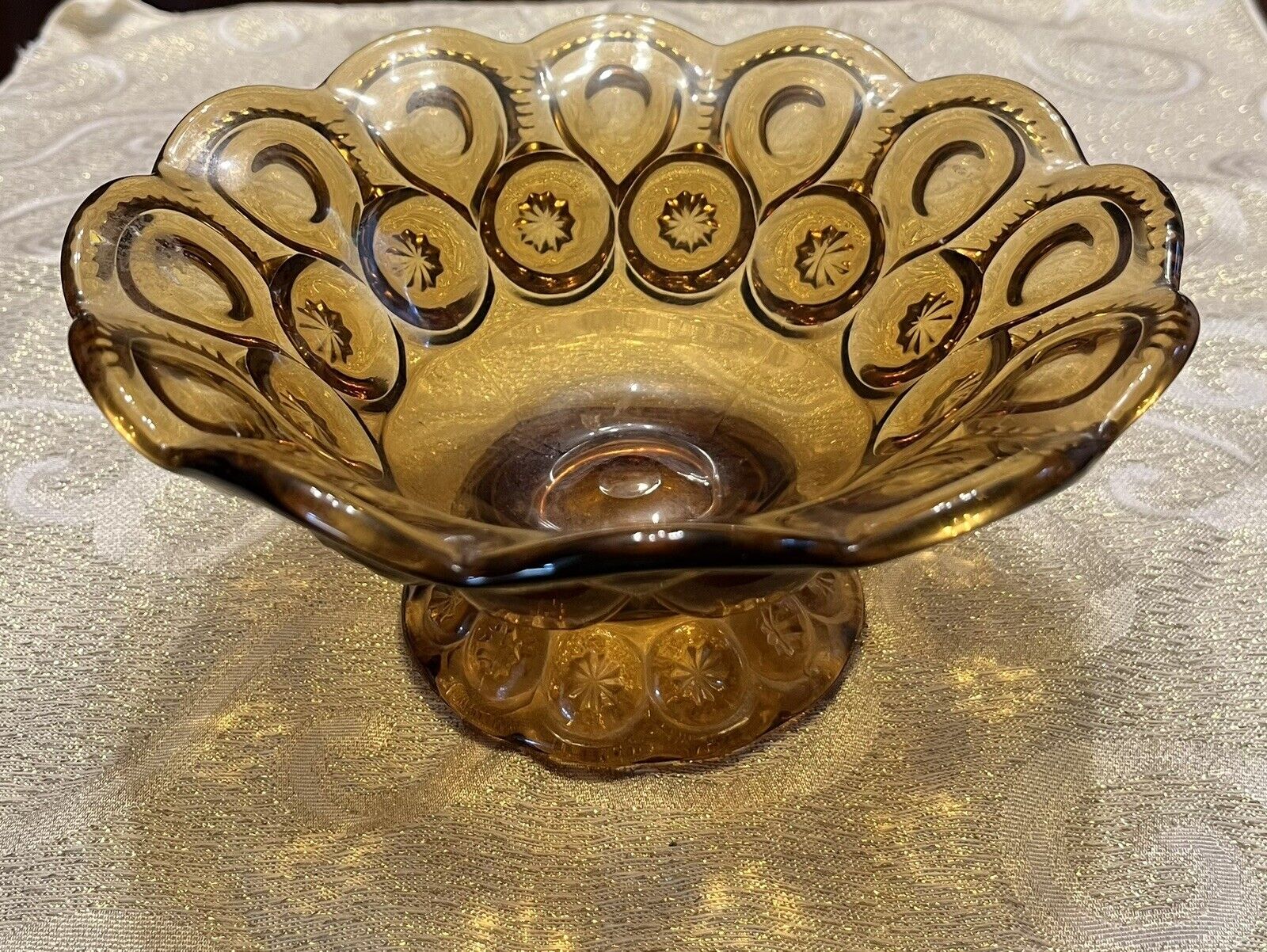 Vintage LE Smith Moon and Star Amber Glass Pedestal Compote Bowl