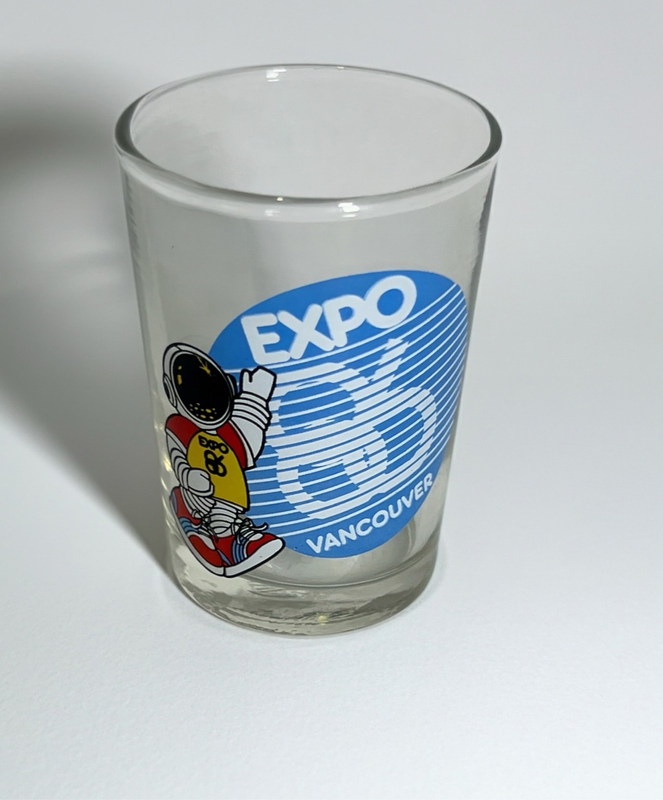 Expo 86 Vancouver World\'s Fair Shot Glass with Ernie Astronaut Mascot Expo 86 Vancouver World\'s Fair Shot Glass with Ernie Astronaut Mascot