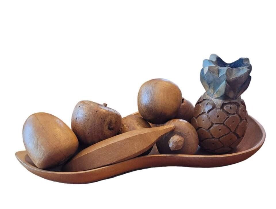 Mid-Century Wooden Fruit Bowl with Wooden Fruit, Tiki Bar Fruit Bowl ETC