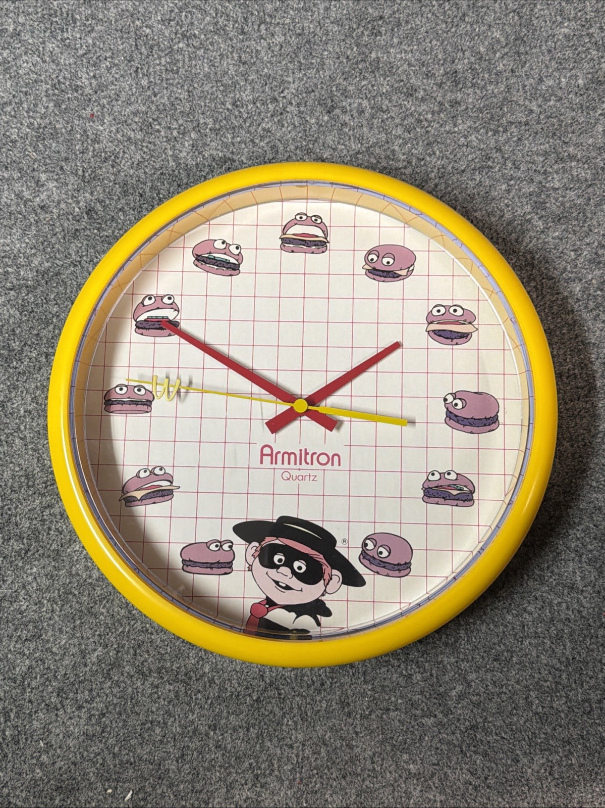 Vintage McDonald’s wall clock 1980’s Retro 10” Hamburglar Armitron Quartz Yellow