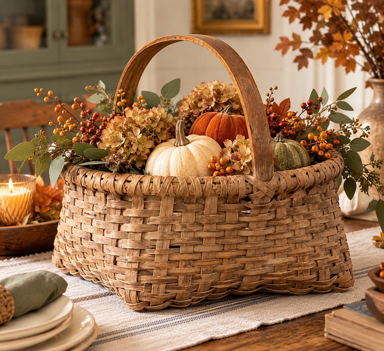 Rustic Woven Splint Basket with Bentwood Handle