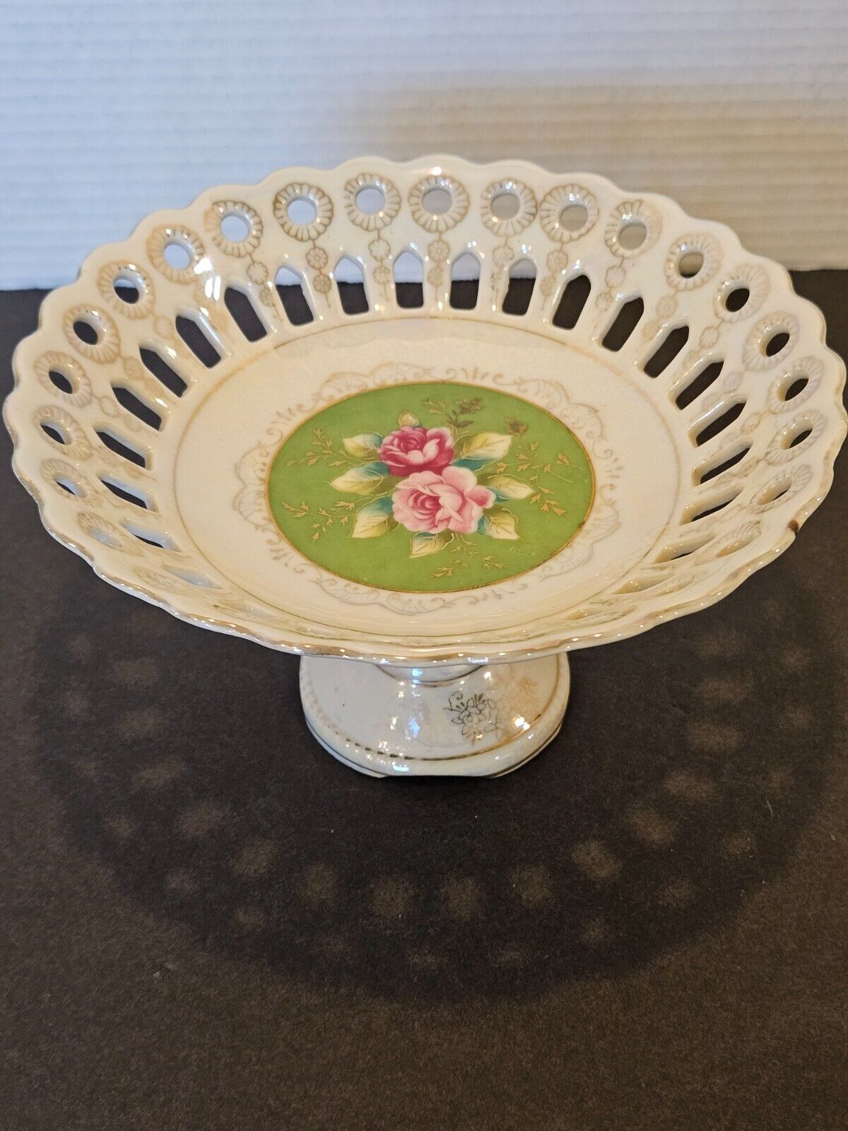 Vintage Ucagco Compote Pedestal Lace Bowl W/Gold Trim Green W/Pink Roses
