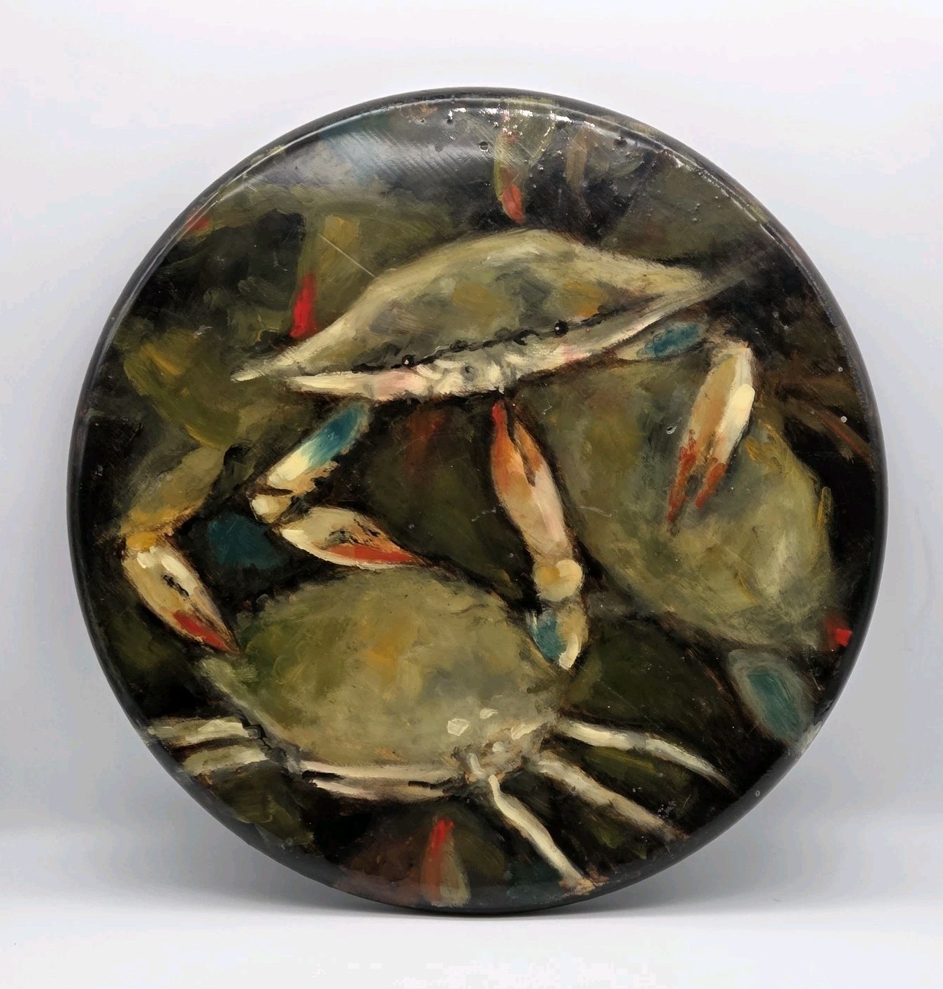 Blue Crab Catch Wood Trivet Hand Painted Oil W Poly Coat 15\
