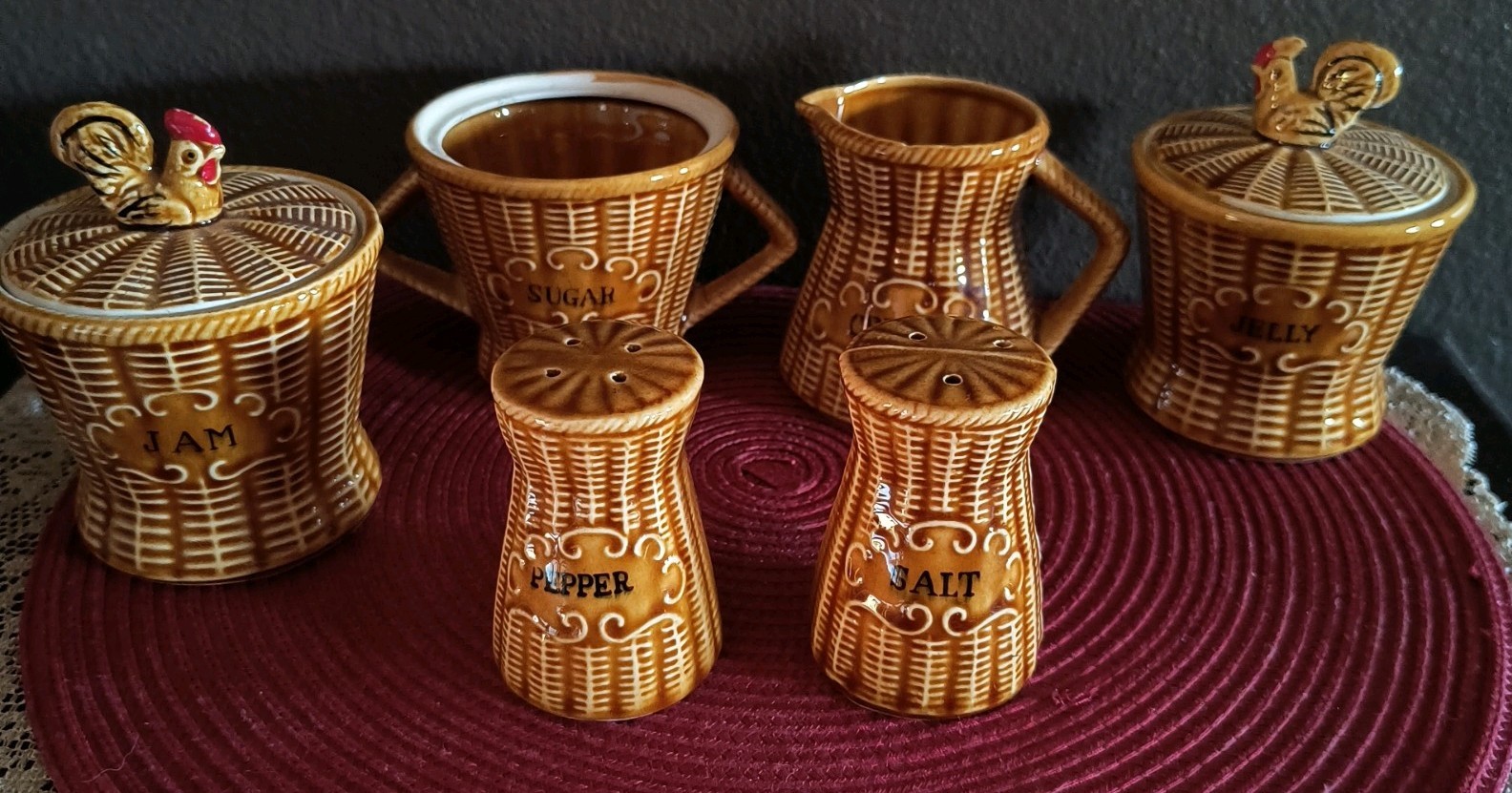 Vintage Brown Wicker Ceramic Rooster Canister Set Sugar Cream Jam Jelly S&P Set
