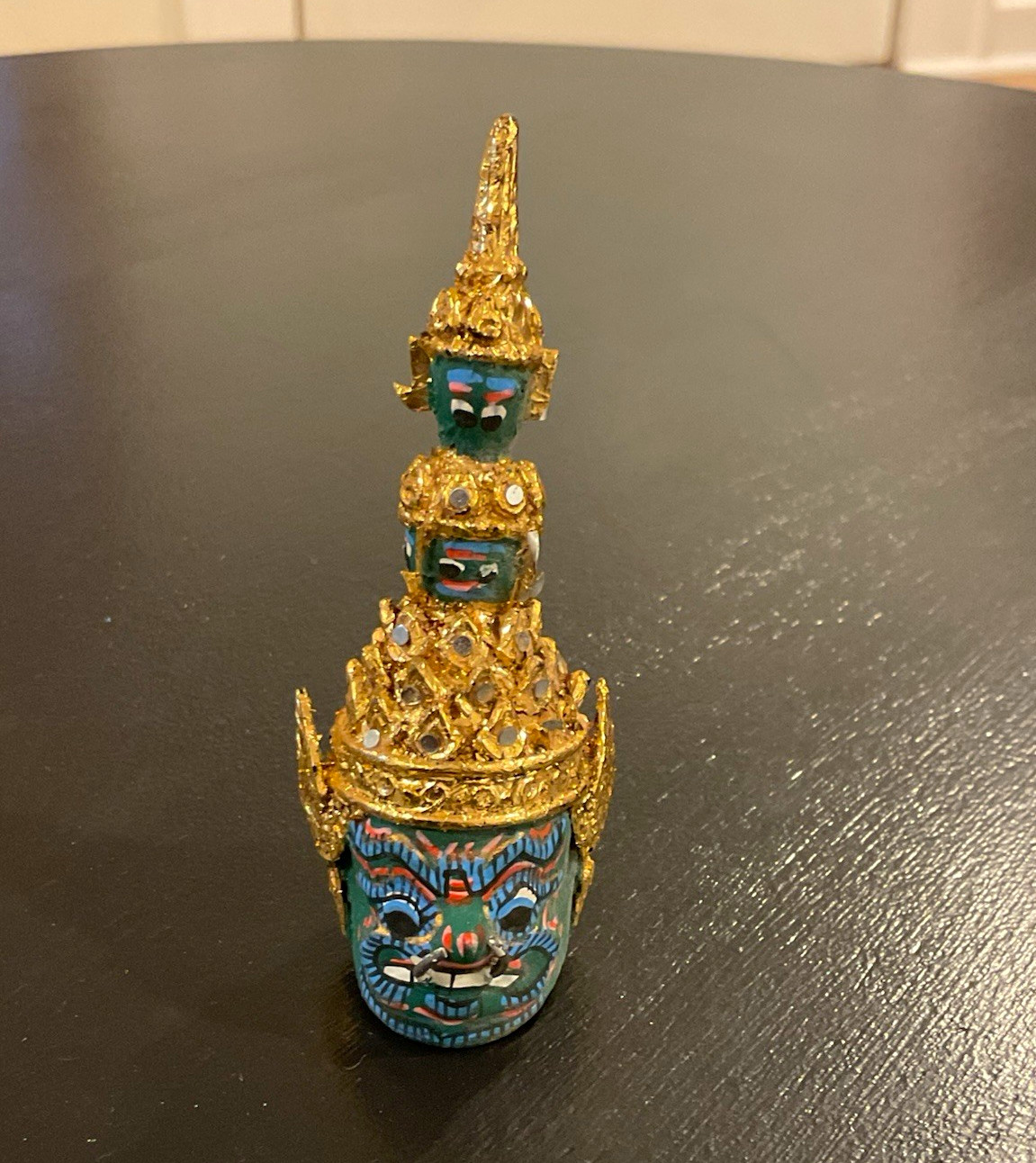 Thai Khon Decorative Mask “Tossakan” Gold-Tone Headdress Blue Green Face