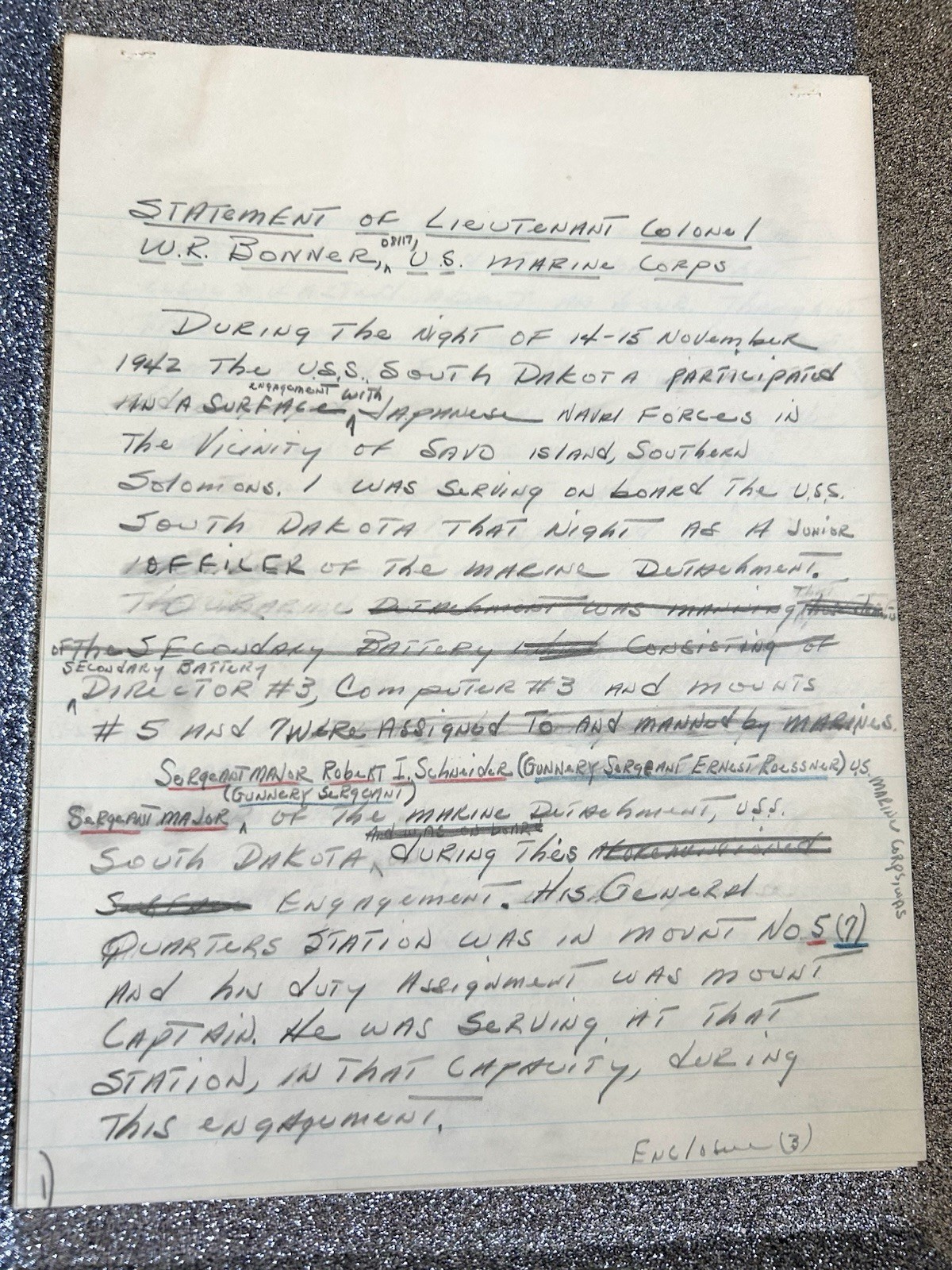 WWII USS South Dakota Guadalcanal 1942 Lt Col W R Bonner Signed Manuscript 4pp