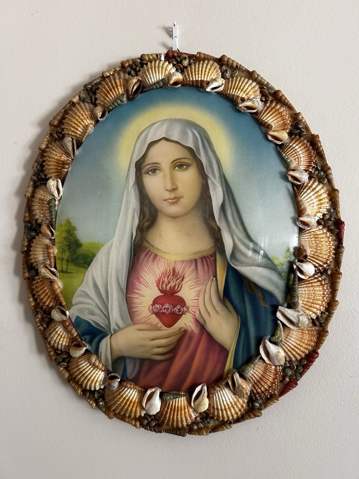 Vintage Immaculate Heart Of Mary Convex Glass In Shell Frame