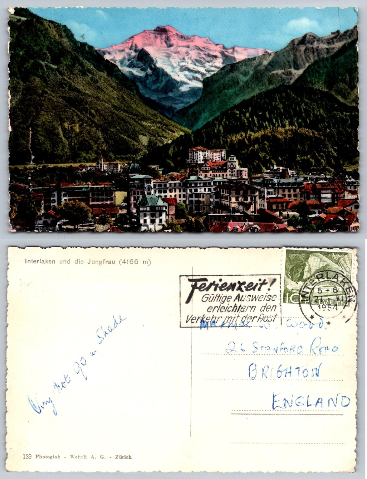 Vintage 1954 Interlaken Jungfrau Swiss Alps Switzerland Photoglob Postcard
