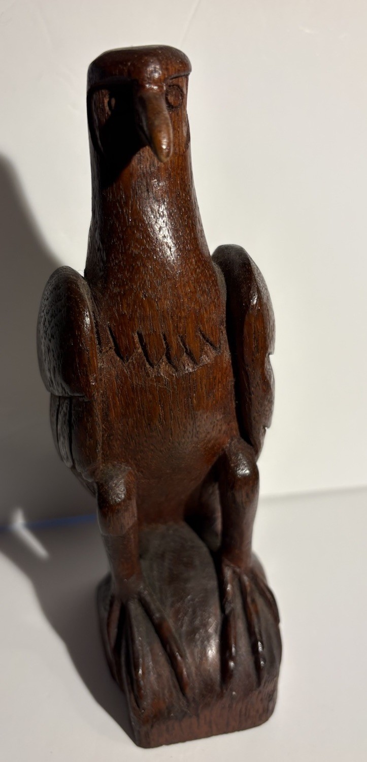 Hand carved Oak eagle sculpture folk art 7 1/2 “Tall Stamped M