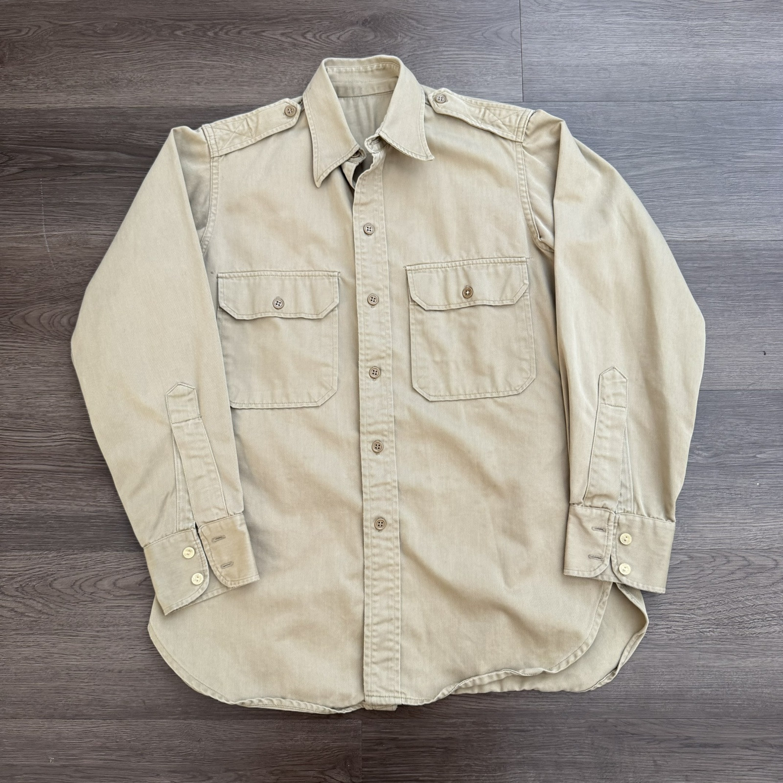 Vintage 40s US Military Khaki Twill Shirt WWll Korea Army Utility Cool Buttons